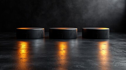 Three dark cylindrical platforms on a dark floor with orange lighting.