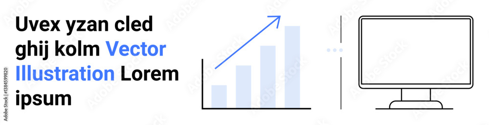 Poster bar graph with upward arrow representing growth next to a computer monitor. ideal for analytics, gro