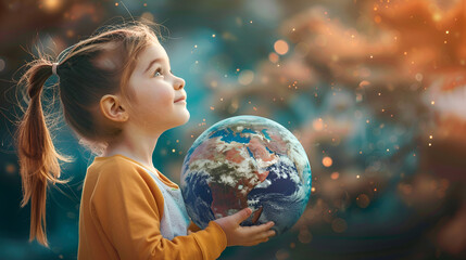 Naklejka premium Hopeful young girl cradles planet Earth, dreaming of a brighter future under a bokeh sky
