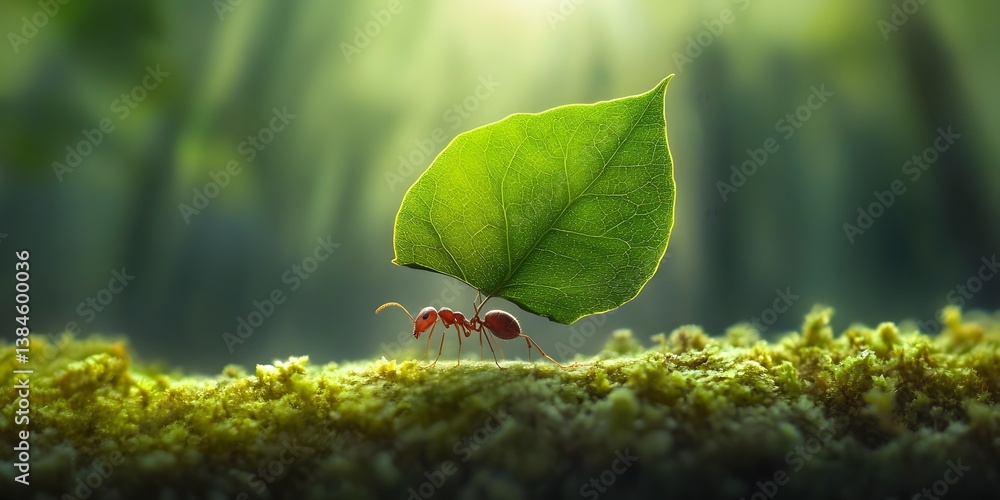Poster ant carrying leaf in sunlit forest with greenery background