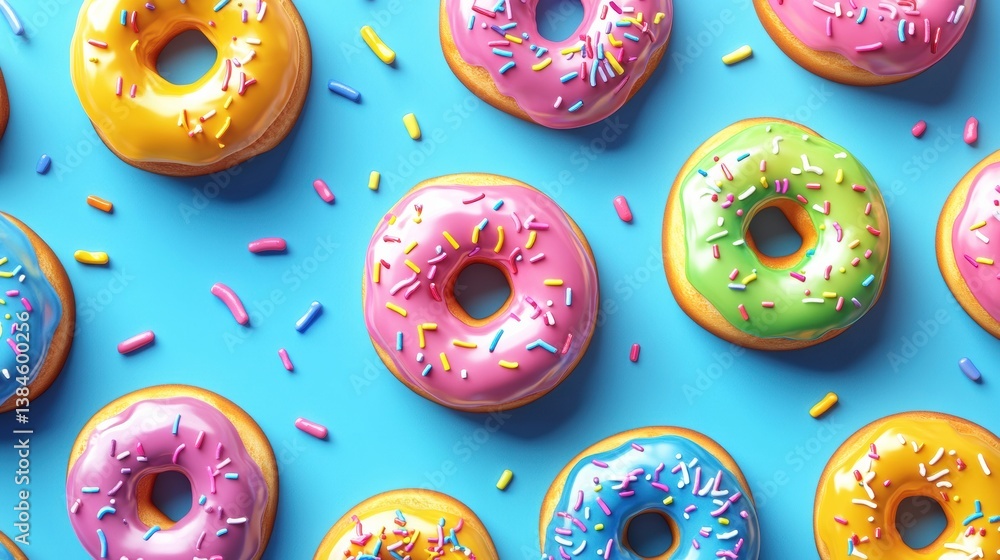 Aufkleber colorful donuts with rainbow frosting and sprinkles create a fun pop-art display on a vibrant blue b