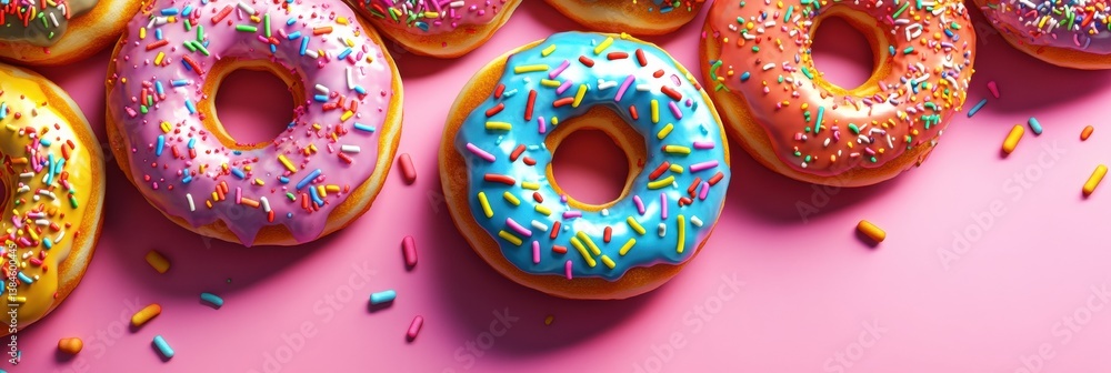 Leinwandbilder colorful donuts with rainbow frosting and sprinkles create a playful and vibrant display in a pop-ar