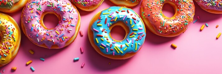 Colorful donuts with rainbow frosting and sprinkles create a playful and vibrant display in a pop-art style composition