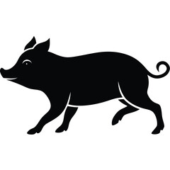 Black Silhouette Of A Piglet Walking Isolated On White Background Image.