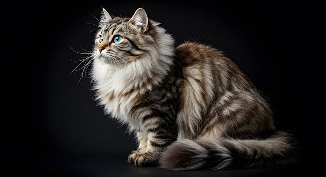 AI image of a stunning Siberian cat with piercing blue eyes, against a black backdrop, showcasing its luxurious fur and elegant, inquisitive gaze.