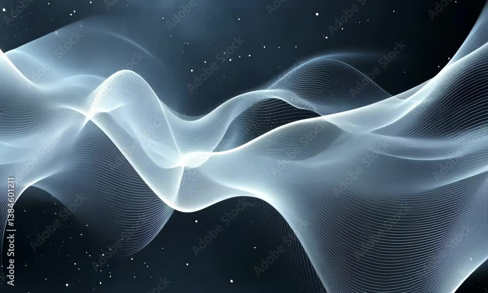 Poster abstract flowing digital wave animation with sparkling particles on dark background