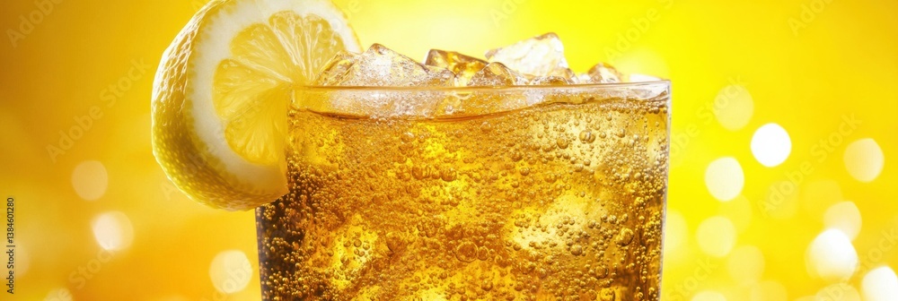 Poster Refreshing ice-cold soda with fizzy bubbles and lemon slices set against a bright yellow background in summer