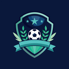 Shield soccer ball laurel stars ribbon dark blueteal vector  © bristy