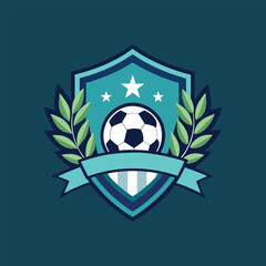 Shield soccer ball laurel stars ribbon dark blueteal vector 