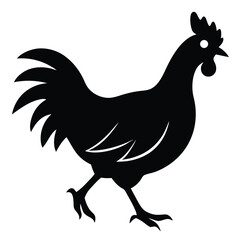 Black Rooster Silhouette Illustration Of A Chicken Walking On A White Background.