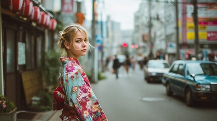 Fototapeta premium 夕暮れの日本の都市を歩く着物姿の女性の後ろ姿 観光体験 和服スタイルと町並みの美しさをリアルに描いた高画質写真素材 コンテンツ向け