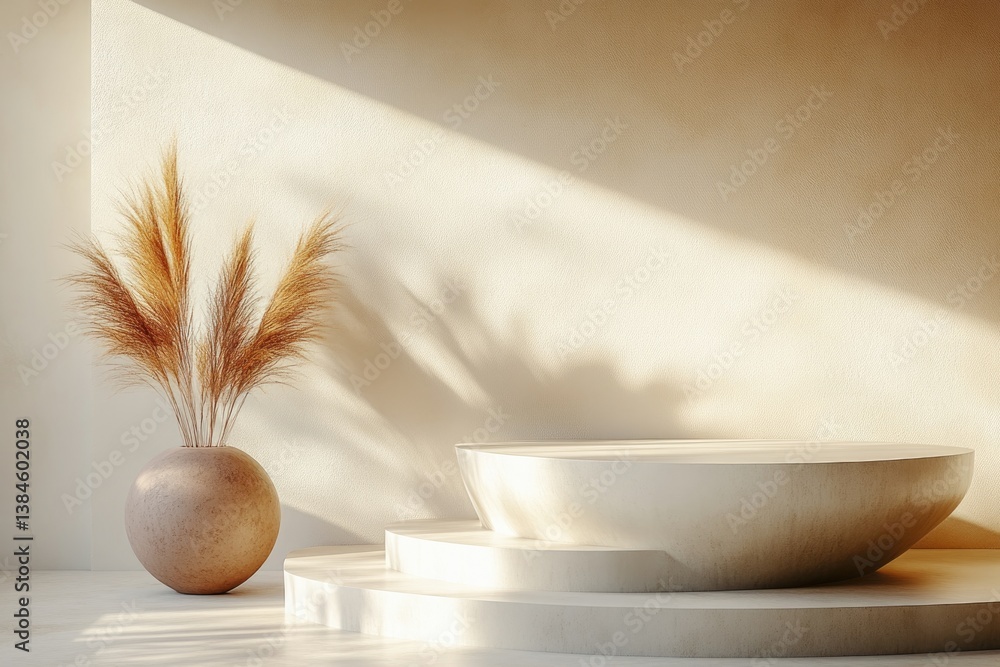 Poster clean minimalistic podium with smooth surfaces and muted colors against neutral background