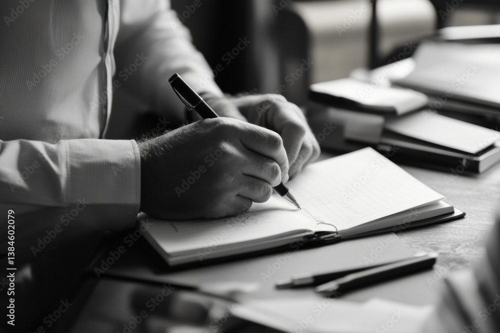 Fototapete professional working in a minimalist office environment, writing notes in a stylish notebook with na