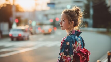 Fototapeta premium 伝統的な着物を着た外国人観光客が日本の町を歩く情景 ポートレート素材 和風ファッション 街歩きシーン 高解像度のリアル写真で観光を表現