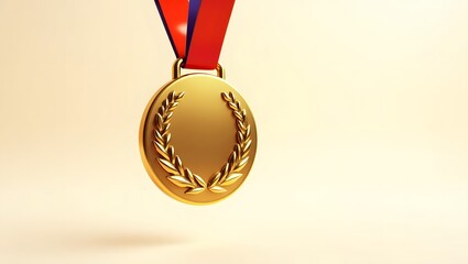 A polished golden medal floats against a soft beige backdrop, its surface adorned with a raised laurel wreath. The red and blue ribbon adds a touch of contrast and ceremonial flair.