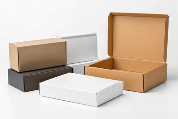 Set of cardboard packaging boxes in different colors. Blank mockup for branding and delivery concept
