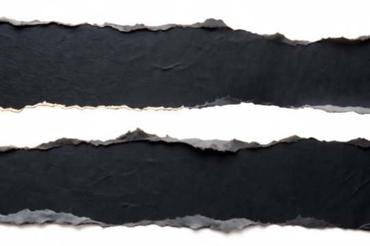 Ripped black paper strips with torn edges isolated on white, ideal for scrapbook, texture or background use