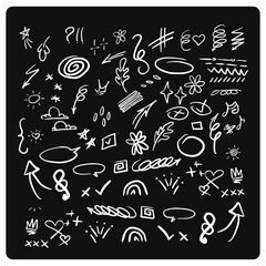 Cute line sketch star, arrow, heart decoration element icon set on black background