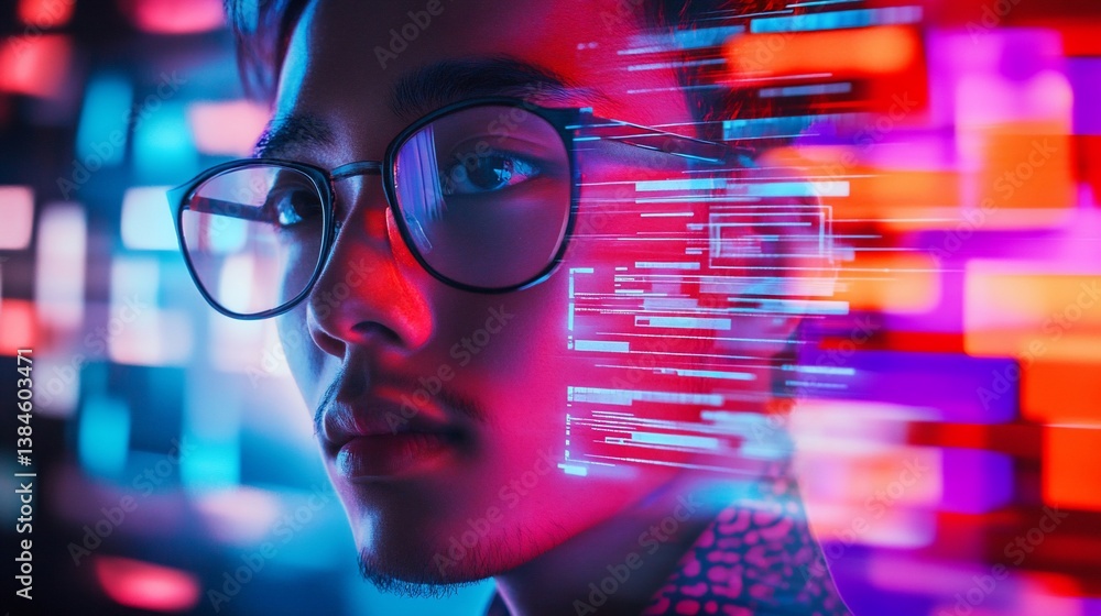 Poster abstract portrait of a man immersed in digital information network