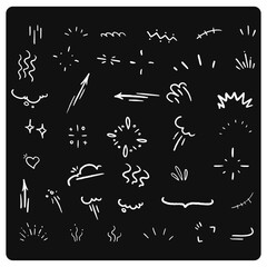 Hand drawn cartoon style comic doodle elements and icons set on black background