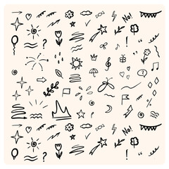 Sketch line cute star element, arrow, heart shape with doodle style drawing