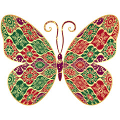 Vector hand drawn bright golden and red-green butterfly with Christmas pattern isolated on transparent background