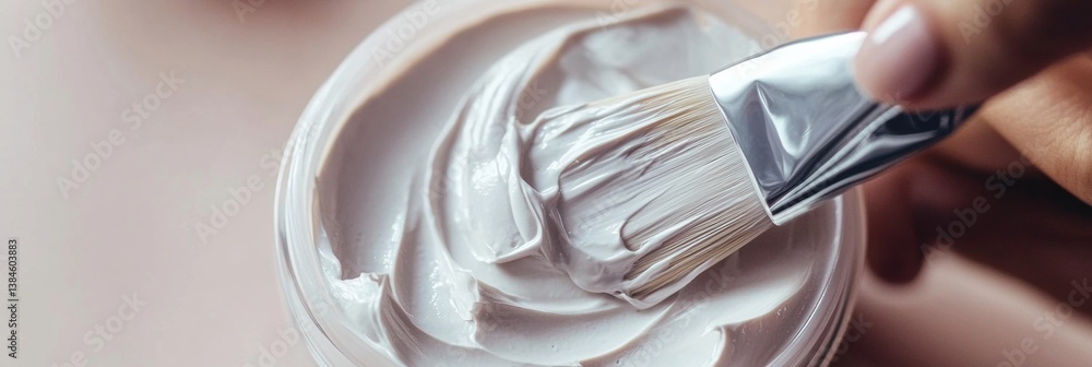 Aufkleber hands apply a creamy facial mask with a soft brush in a serene spa setting showcasing smooth texture