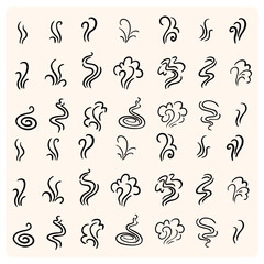 Steam and smoke lines icons set. Air wind and scent linear collection with doodle style drawing