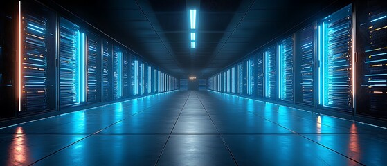 An ultra-modern underground data center, rows of glowing server racks stretching endlessly, cybernetic blue lighting, futuristic atmosphere