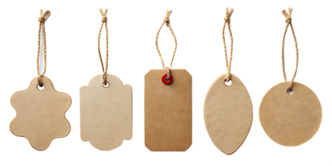 Blank price tags in assorted shapes on white background, label template collection.