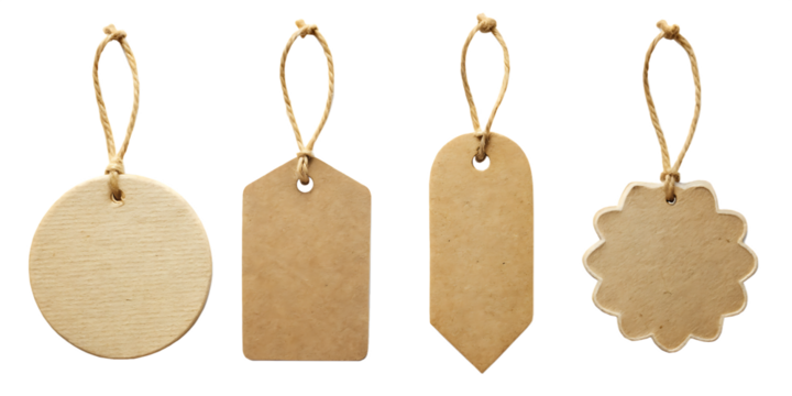 Blank price tags in assorted shapes on white background, label template collection.