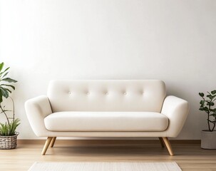 Cream colored sofa in a modern living room.  Simple, minimalist, and airy