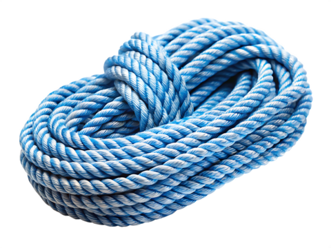 Twisted blue and white rope isolated on white background, nautical and utility concept