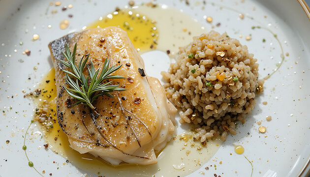 "An ode to simplicity: wild sea bass, marinated in unfiltered olive oil, Meyer lemon, and woody rosemary, then fire-kissed. Beside it, truffle-oil-drizzled sushi rice, scattered with edible gold&mdash;a cla