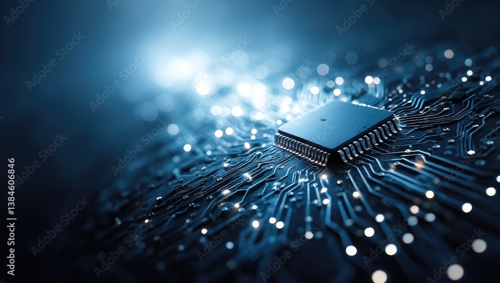 Poster close-up dark circuit board microchip technology design