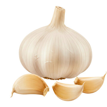 A whole fresh garlic head and clove segments isolated against a transparent background.
