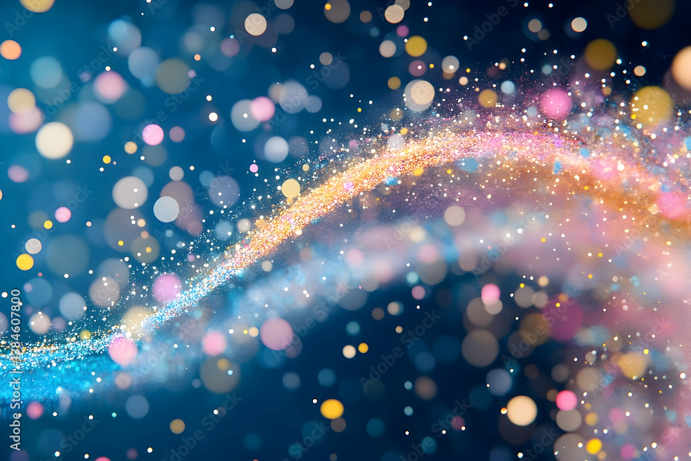 Poster abstract illustration showing floating sparkles and various colorful bokeh lights