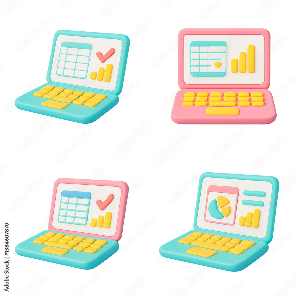 Poster colorful 3d illustrations of laptops showing data charts and graphs on transparent backgrounds ideal