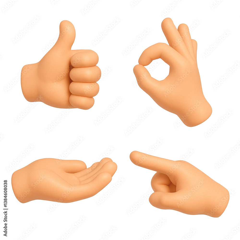 Poster various hand gestures expressed through 3d icons on a transparent background illustrating communicat