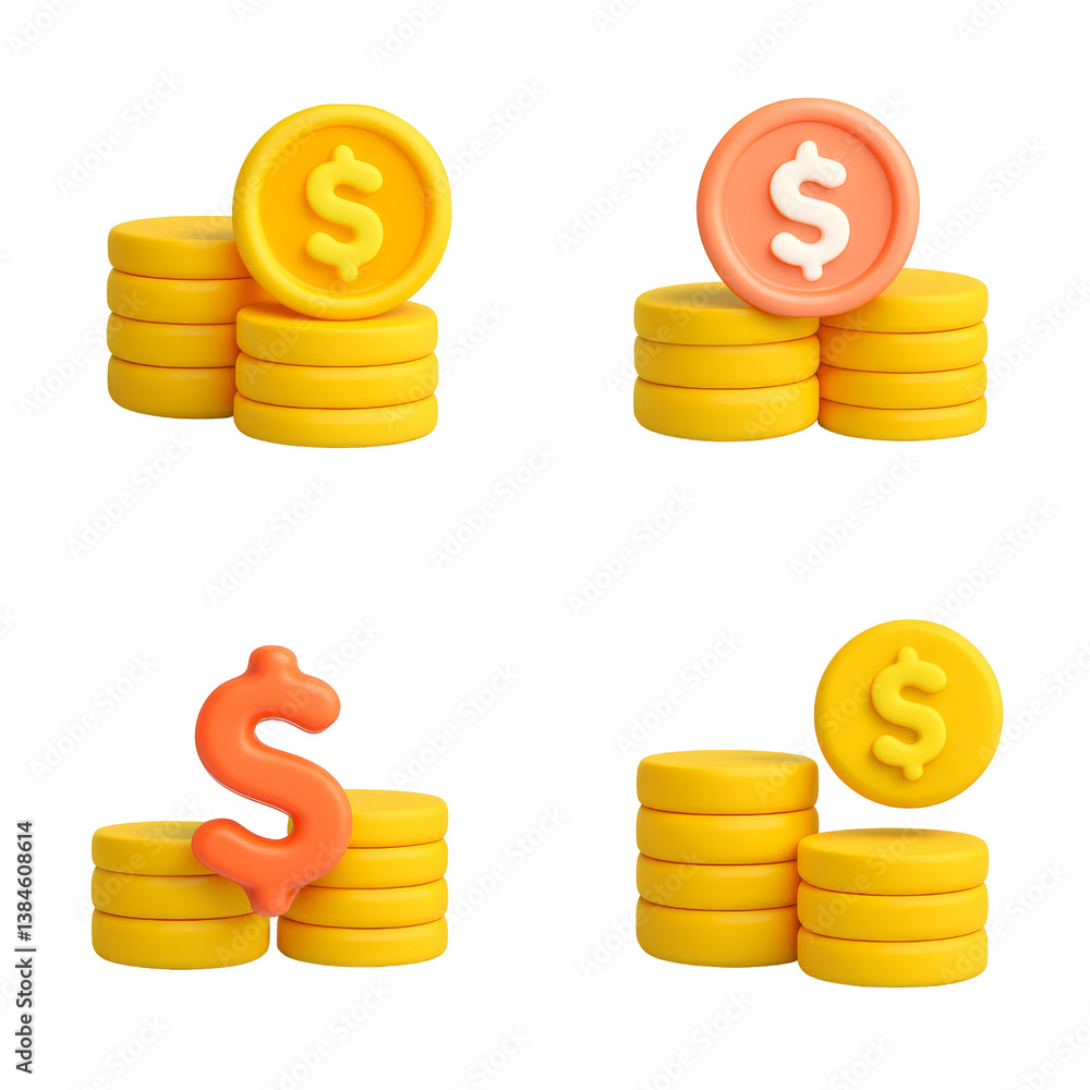 Poster colorful 3d coin icons stacked on a transparent background, showcasing different designs and dollar 
