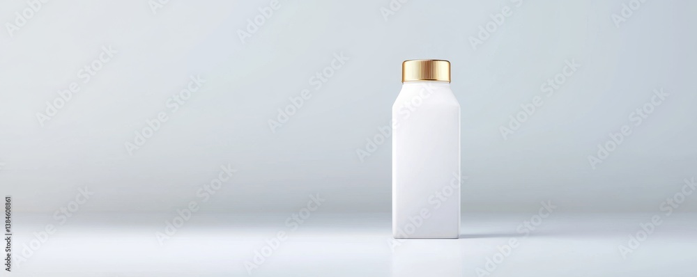 Poster minimalistic white bottle with golden cap on soft gray background emphasizing simplicity and eleganc