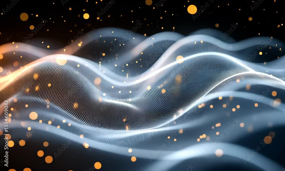 Poster elegant and luminous waves with sparkling golden dots create an ambiance of flowing motion
