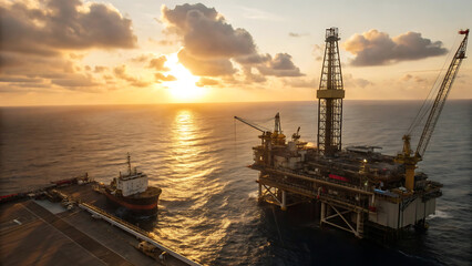 Fototapeta premium Offshore Oil Refinery at Sunset A Low-Angle View of an Industrial Platform