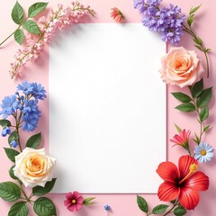 Floral Frame: A vibrant floral frame, meticulously arranged with blossoms, leaves, and verdant foliage, embraces a blank canvas, offering an ideal setting for conveying messages of spring.