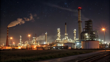 Fototapeta premium Night View of an Illuminated Oil Refinery Complex