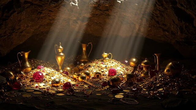 Treasure in a dark cave being illuminated by sun rays from holes in the top shining bright light on it causing it to shine and glisten