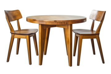 Set of modern wooden table with chairs isolated on a transparent or white background, cut-out, PNG