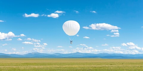 Obraz premium Hot Air Balloon Floating Above Lush Green Fields Under Clear Blue Sky with Fluffy Clouds and Distant Mountains