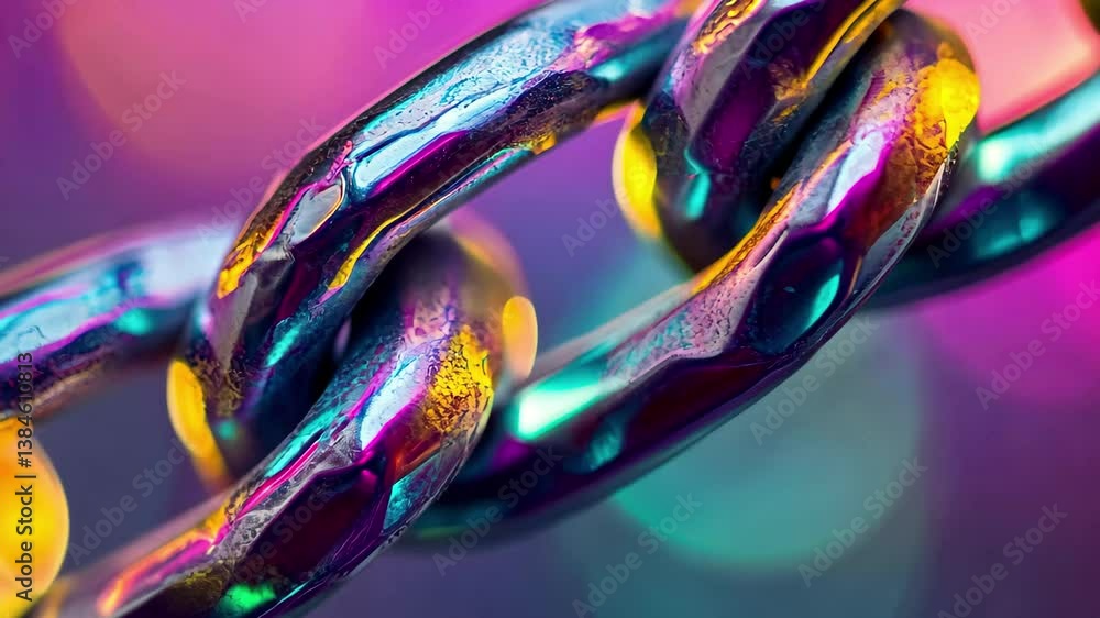 Poster closeup of vibrant metallic chain links with colorful reflections and blurred background, closeup of