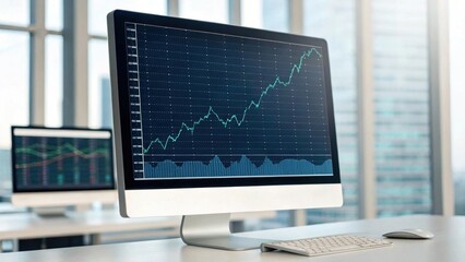 Desktop monitor displaying stock market chart in office interior. Financial analysis and trading concept for banner and header design
